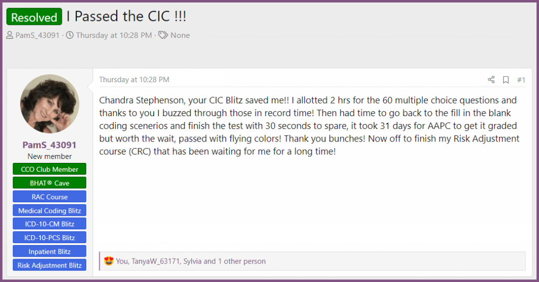 "I Passed the CIC" Screenshot from the CCO Community