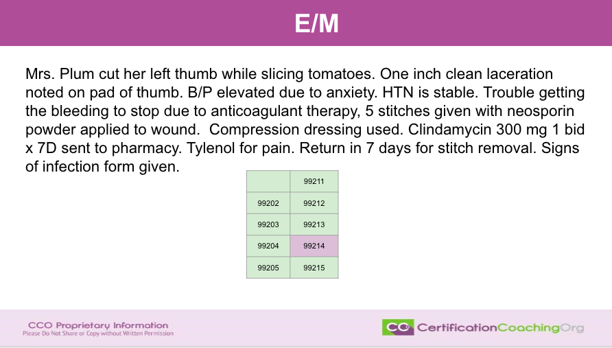 E&M Case Cut Thumb Laceration
