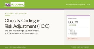 Obesity Coding in Risk Adjustment (HCC): E66.01 maps to HCC 48 when BMI is 40 or higher, or 35-39.9 with a comorbidity. CCO Academy guide.